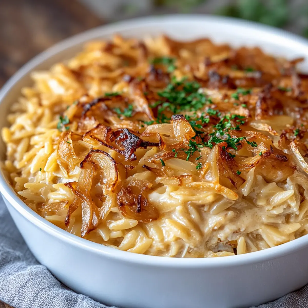 French Onion Chicken Orzo Casserole