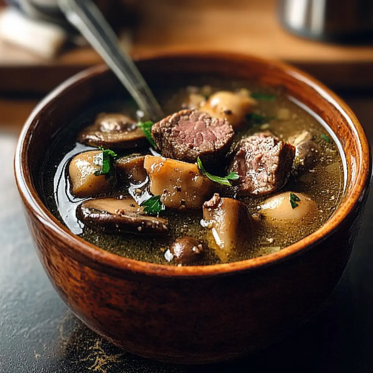 Steak and Ale Soup with Mushrooms