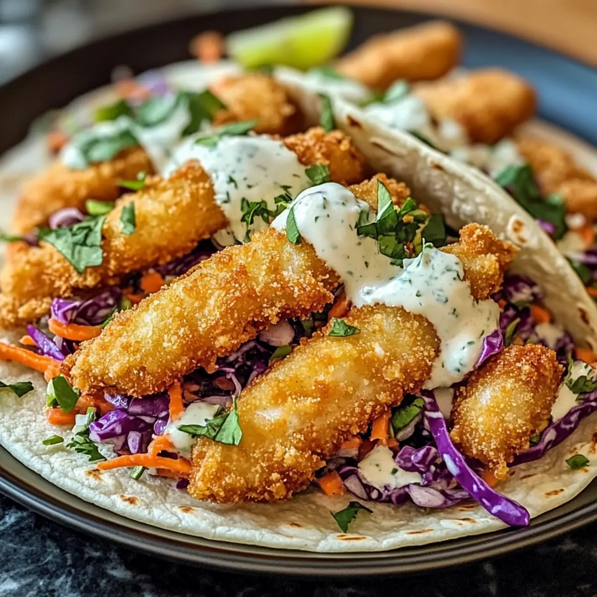 Crispy Fish Tacos with Slaw and Lime Crema